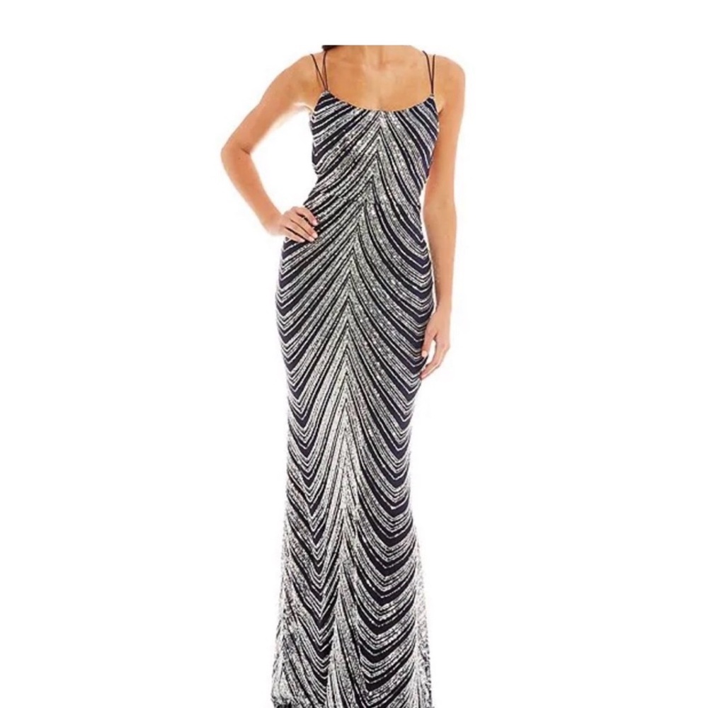 B Darlin Black & Silver Sequin Strapless Evening Gown